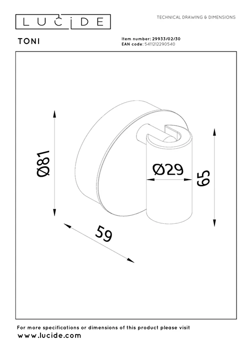 Lucide TONI - Spot mural / Applique mural Rechargeable - Batterie/Piles - Ø 8,1 cm - LED Dim. - CCT - 1x2W 2700K/4000K - Magnétique - Noir - technique